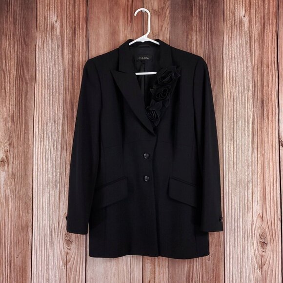 Escada Womens Size 36 Black Floral Two Button Notch Lapel Wool Blazer Jacket - Picture 5 of 16